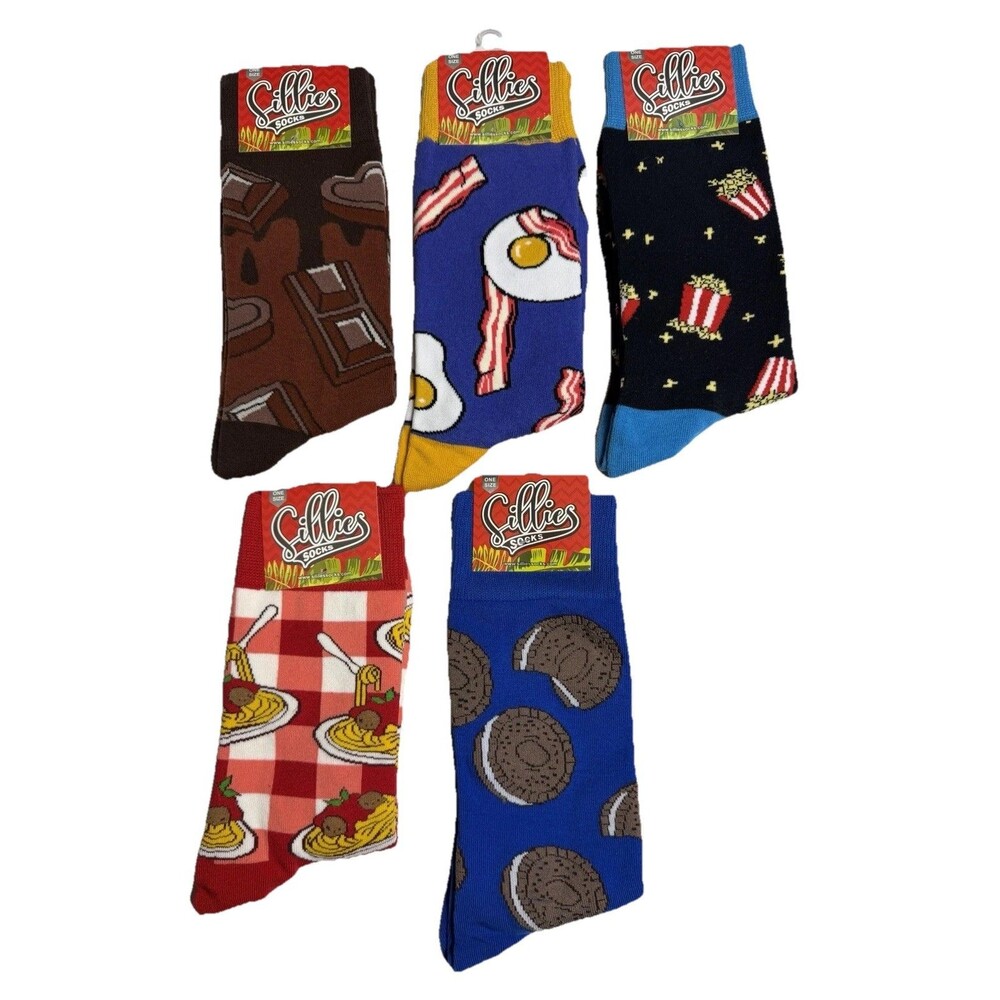 Sillies Socks Lot of 5 NWT Funny Foodie Foods Socks One Size Popcorn Spaghetti